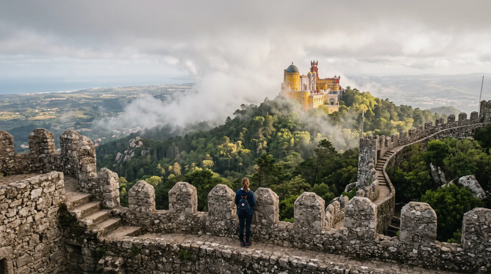 Morning cloud lifting off the Serra above Pena Palace in late spring, the best time to visit Sintra