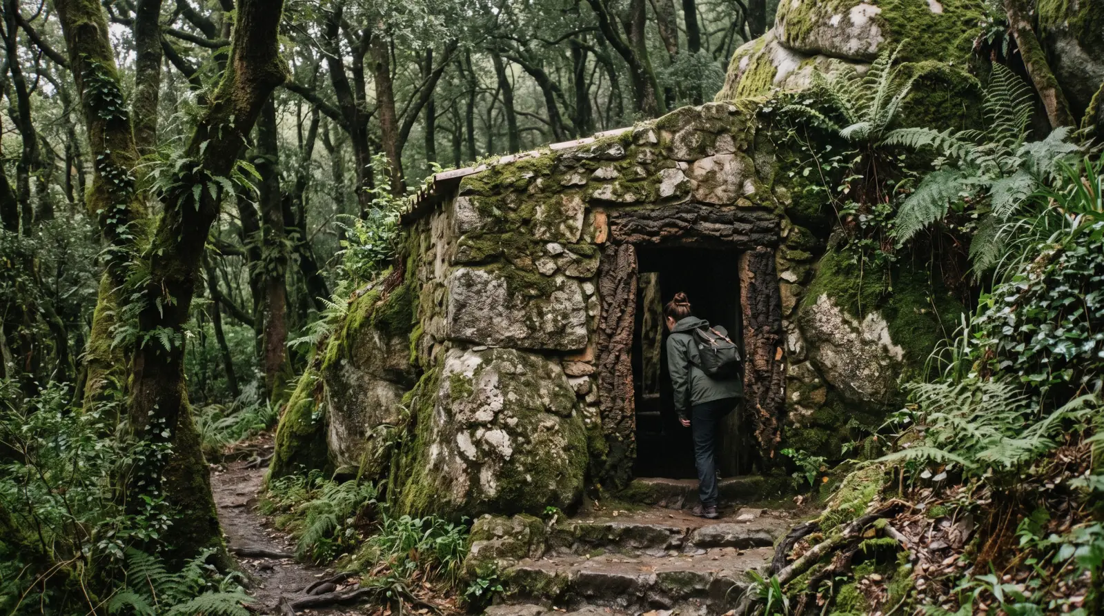 Cork-lined cell doorway of the Convent of the Capuchos built against granite boulders in the forest of the Sintra hills, Sintra, Portugal
