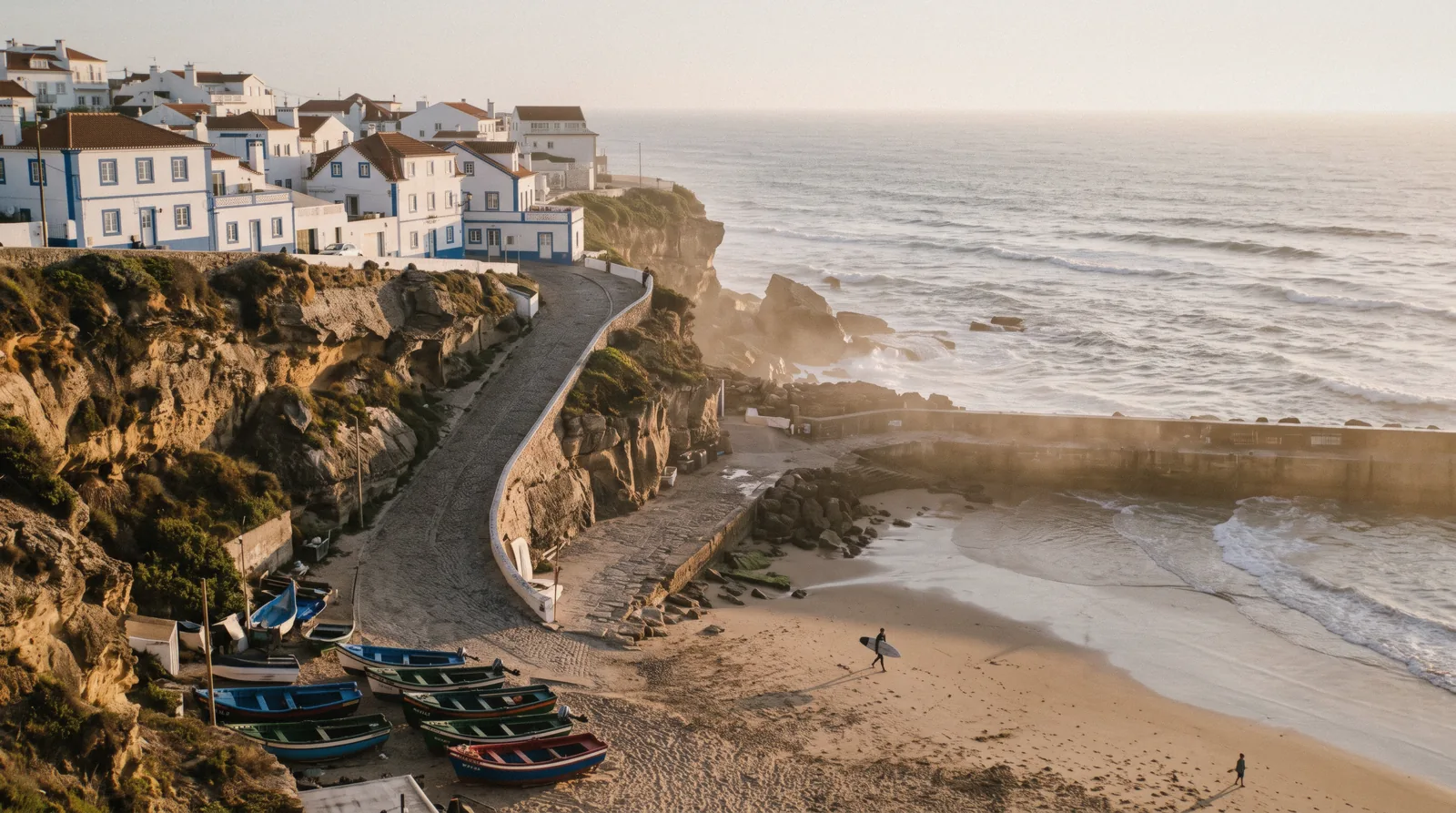 White houses along the cliff above the fishermen's beach in Ericeira, the surf town north of Sintra