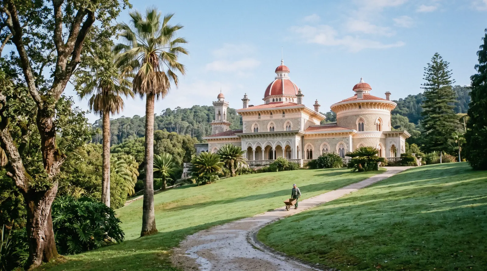 The ornate arcade of Monserrate Palace above its park, Sintra, Portugal