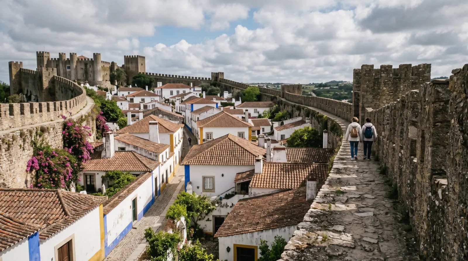 The whitewashed houses and terracotta roofs of Obidos seen from its medieval wall walk, a long day trip from Sintra