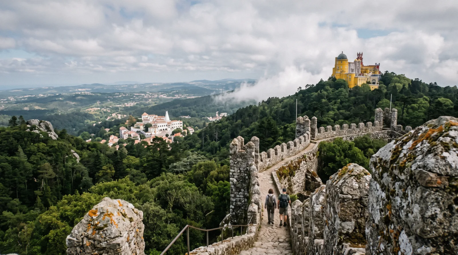 The walls of the Moorish Castle on the Sintra ridge with Pena Palace on the next summit, Sintra palaces and castles, Sintra, Portugal