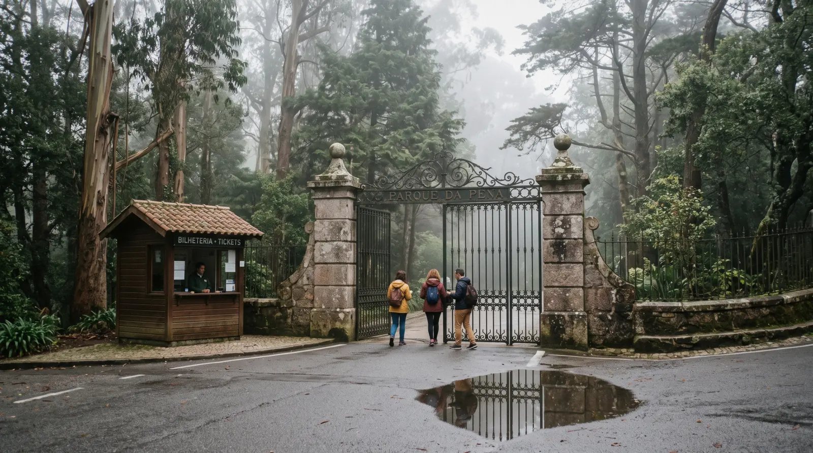 View of the Palace of Pena above the trees of the Sintra hills in Portugal