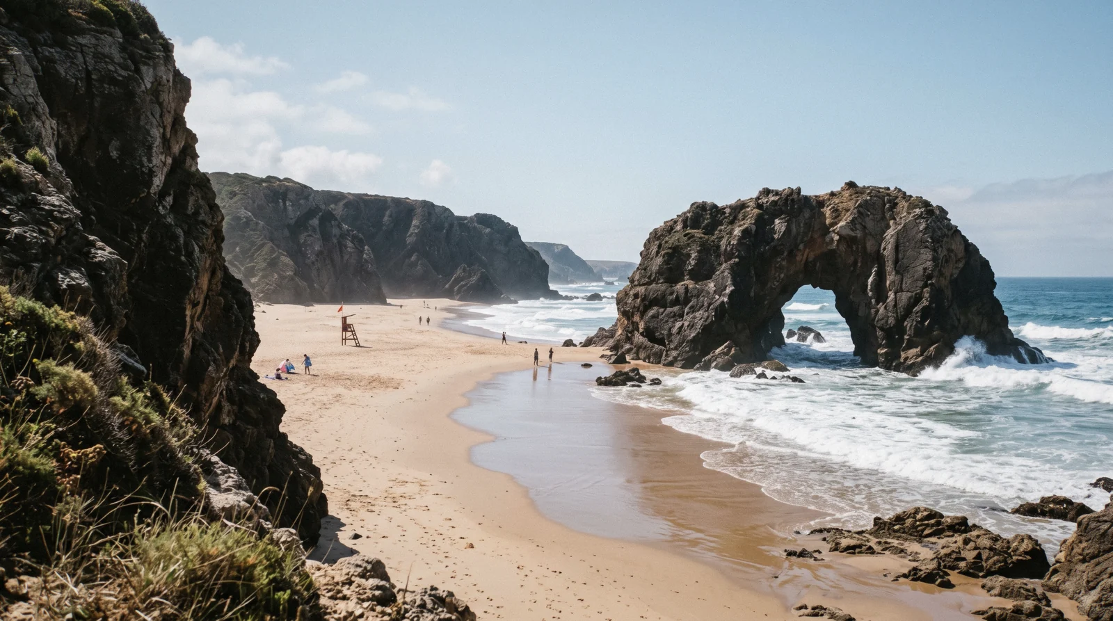 The natural rock arch at the end of the sand at Praia da Adraga on the Sintra coast, Portugal