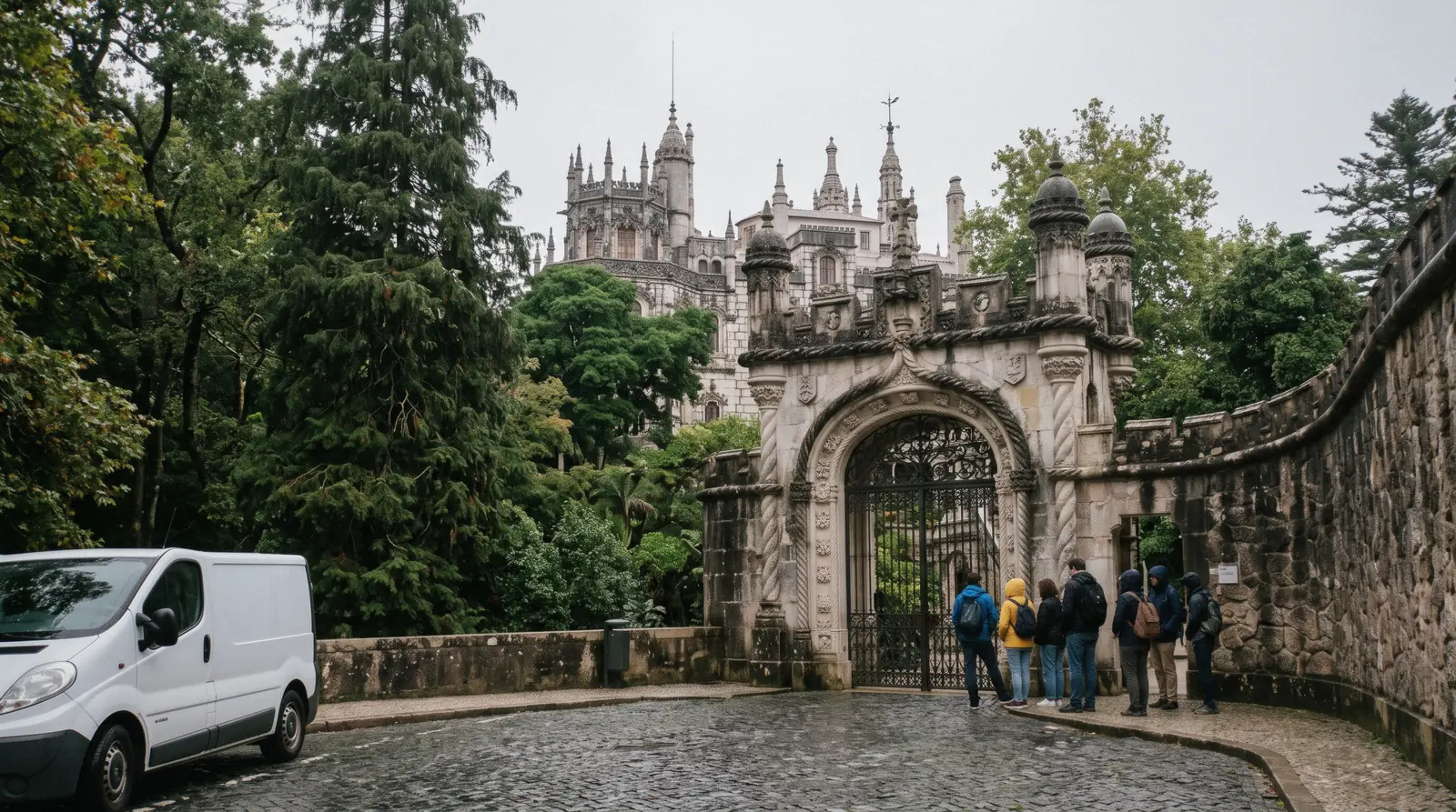 Visitors waiting at the street gate of Quinta da Regaleira in Sintra with the palace towers behind the trees, Quinta da Regaleira tickets