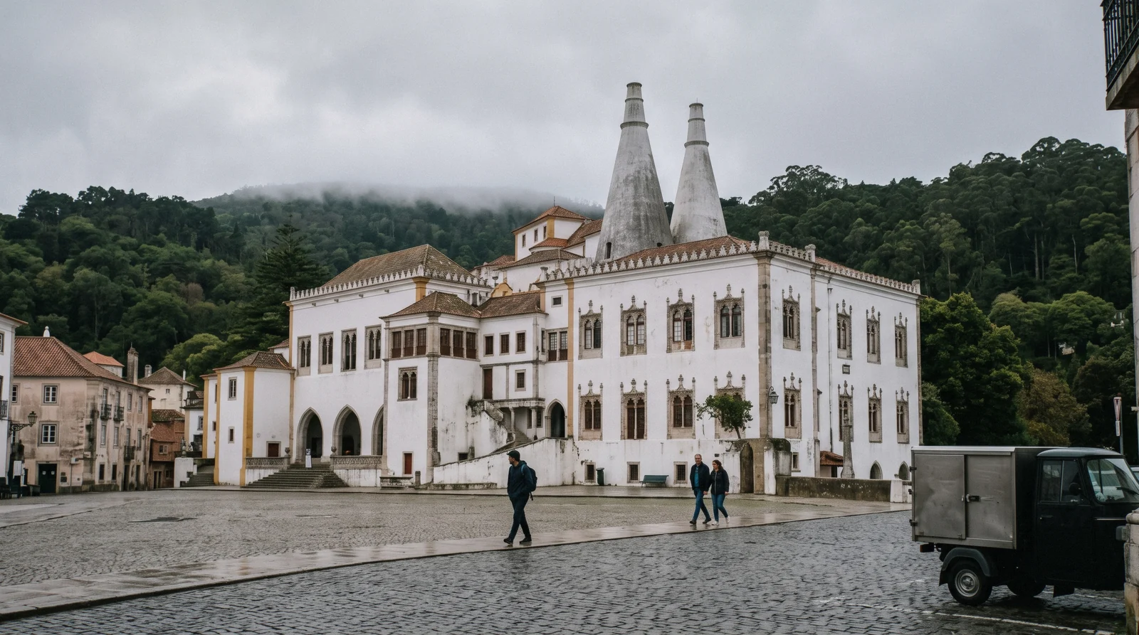 The two conical kitchen chimneys of the Sintra National Palace rising over the rooftops of the historic centre, Sintra, Portugal