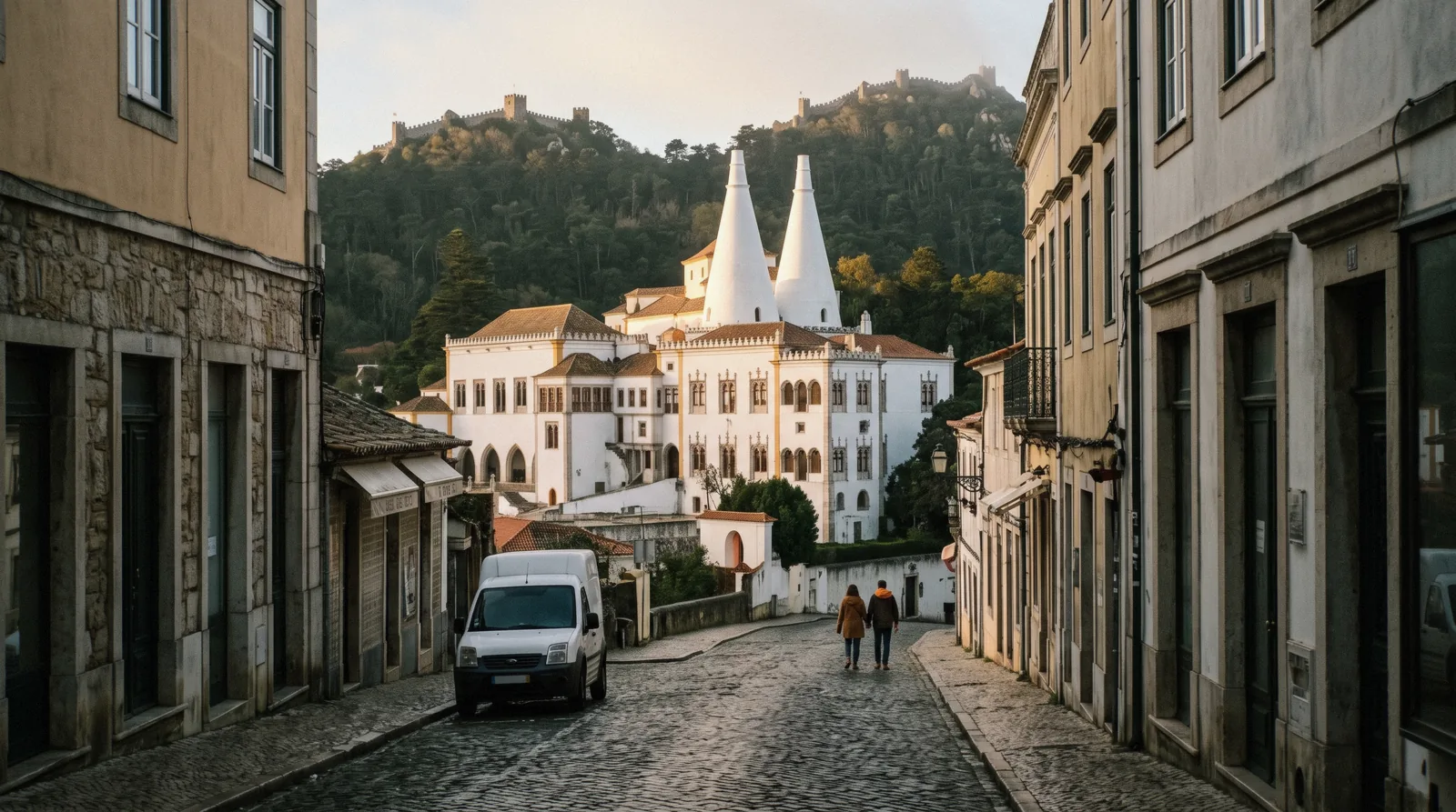 Narrow street and the chimneys of the National Palace in Sintra Vila, Sintra, Portugal