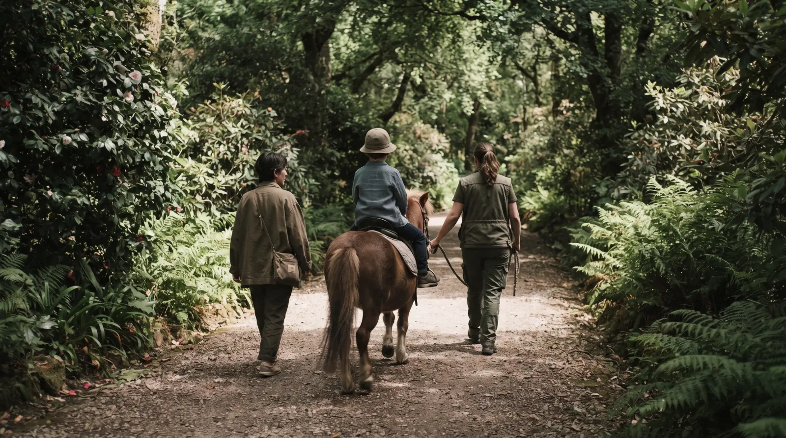 A child on a pony led along a shaded path near the stables in Pena Park, one of the family activities in Sintra with kids