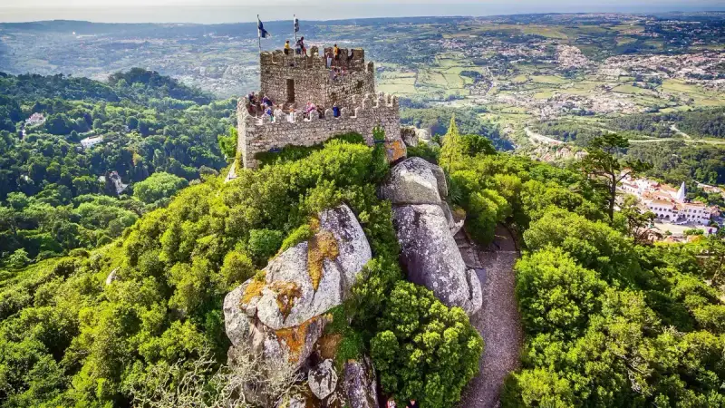 Stone ramparts of the Castle of the Moors overlooking Sintra, Sintra Castle of the Moors skip-the-line ticket