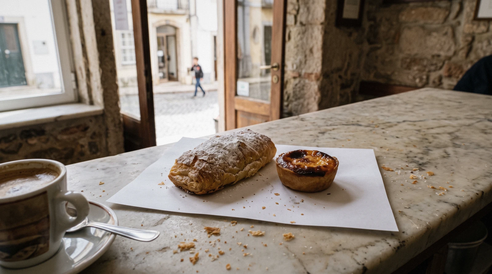 A travesseiro and a queijada on a marble counter in the old town, the two pastries at the heart of Sintra restaurants and cafés