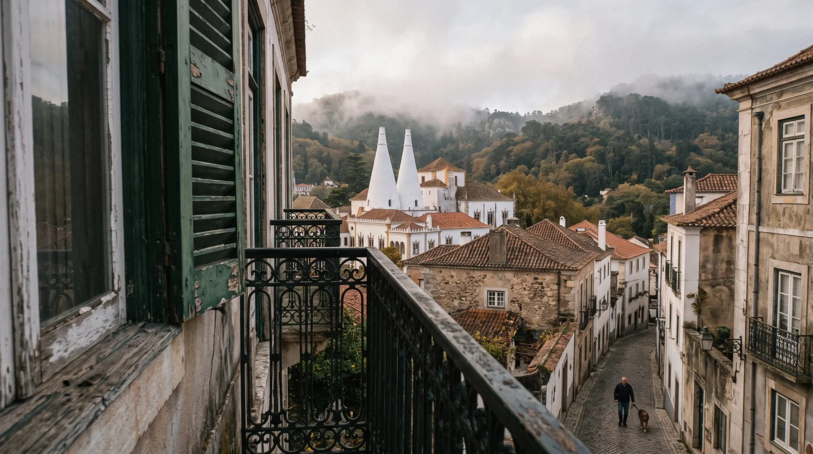 The National Palace chimneys and the wooded hill seen from an old townhouse window, the view behind the question of where to stay in Sintra